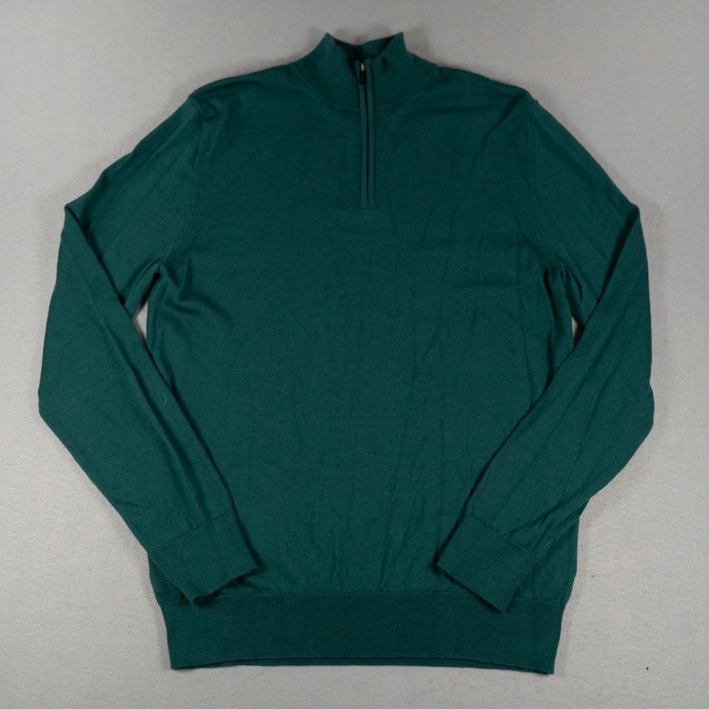 Charles Tyrwhitt Mens Quarter Zip Sweater Merino Extra Fine Green Medium Preppy